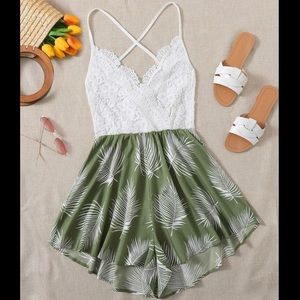 Shein Tropical Contrast Lace Spliced Cami Romper w/ Tie Back